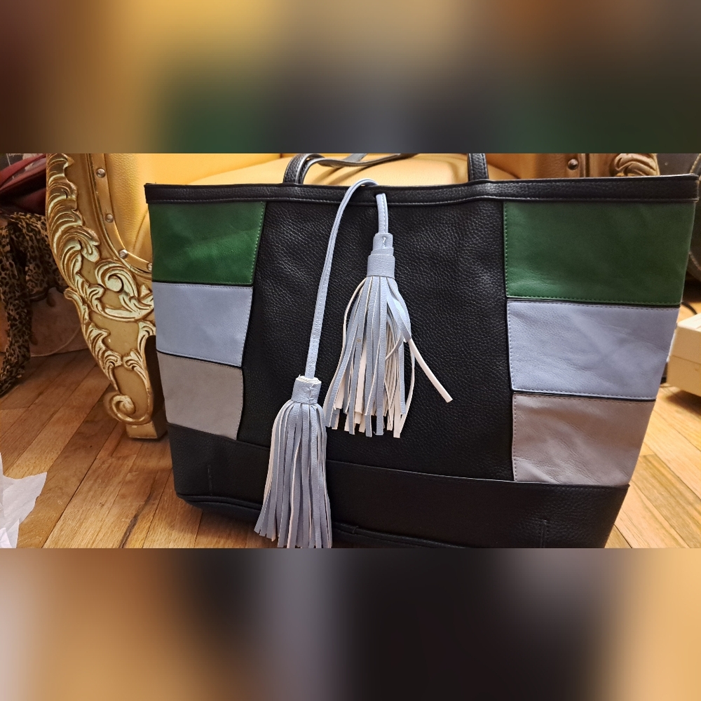 Steve Madden Colorful Patchwork Tote Bag with Chunky Tassels. New.